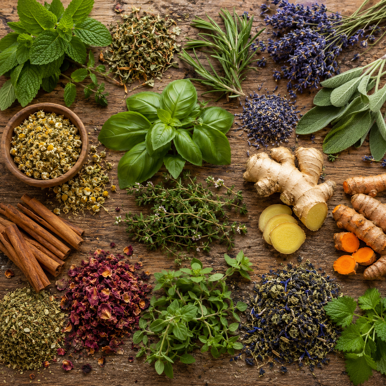 Curated grid of dried medicinal herbs and botanicals