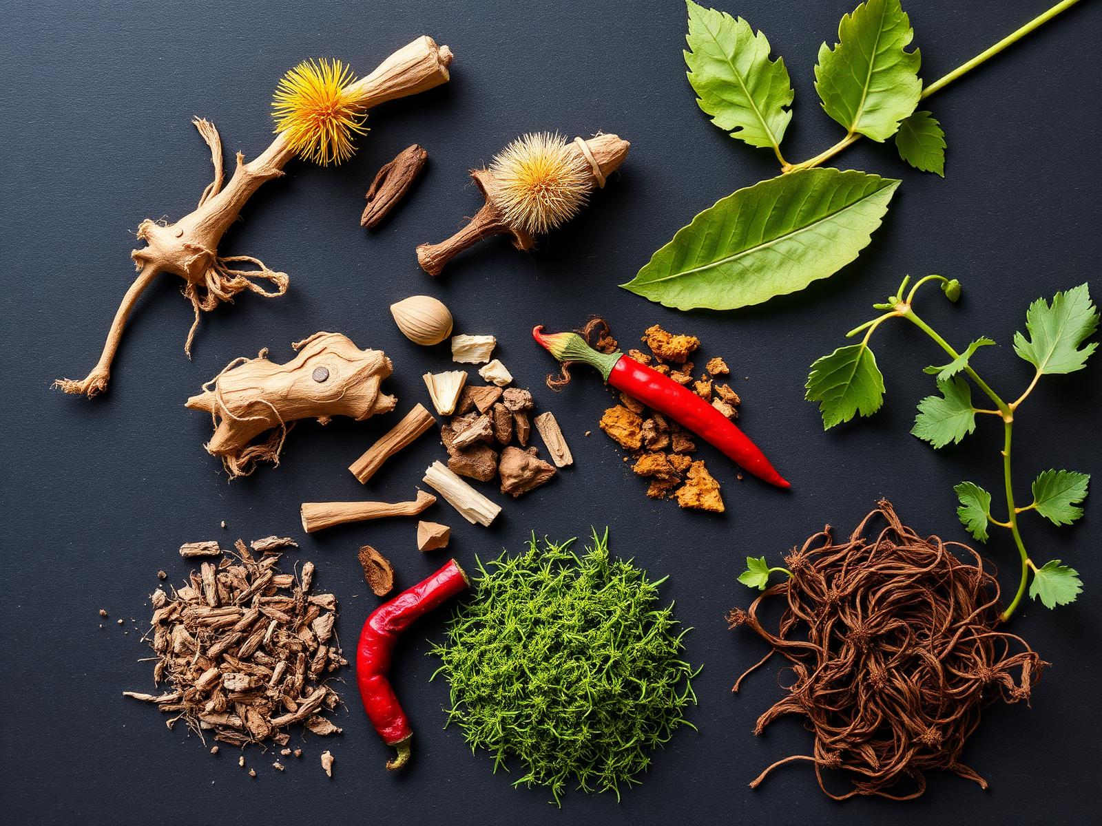 Curated grid of dried medicinal herbs and botanicals